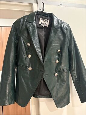 Walter Baker Women's Dark Green Double-Breasted Vegan Leather Blazer